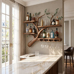 Curved Branch Wall Bar Shelf with Three Tier Shelves and Stemware Rack, Solid Wood Wine Rack for Kitchen