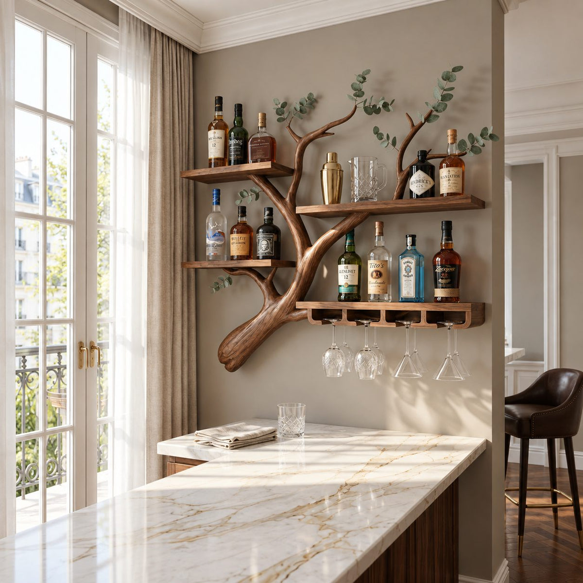 Curved Branch Wall Bar Shelf with Three Tier Shelves and Stemware Rack, Solid Wood Wine Rack for Kitchen
