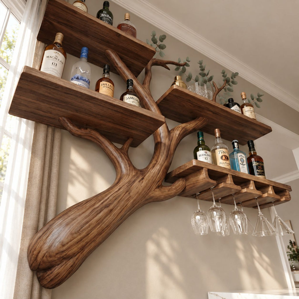 Curved Branch Wall Bar Shelf with Three Tier Shelves and Stemware Rack, Solid Wood Wine Rack for Kitchen