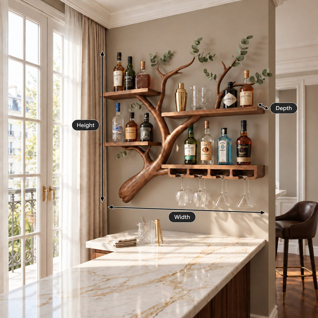 Curved Branch Wall Bar Shelf with Three Tier Shelves and Stemware Rack, Solid Wood Wine Rack for Kitchen
