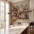 Curved Branch Wall Bar Shelf with Three Tier Shelves and Stemware Rack, Solid Wood Wine Rack for Kitchen