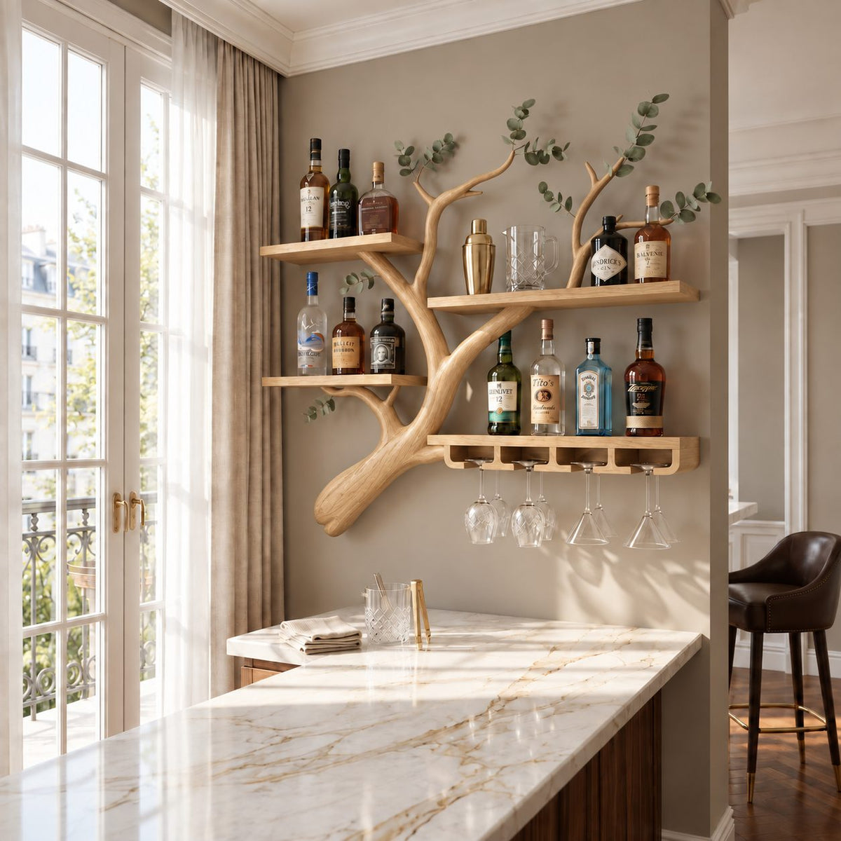 Curved Branch Wall Bar Shelf with Three Tier Shelves and Stemware Rack, Solid Wood Wine Rack for Kitchen