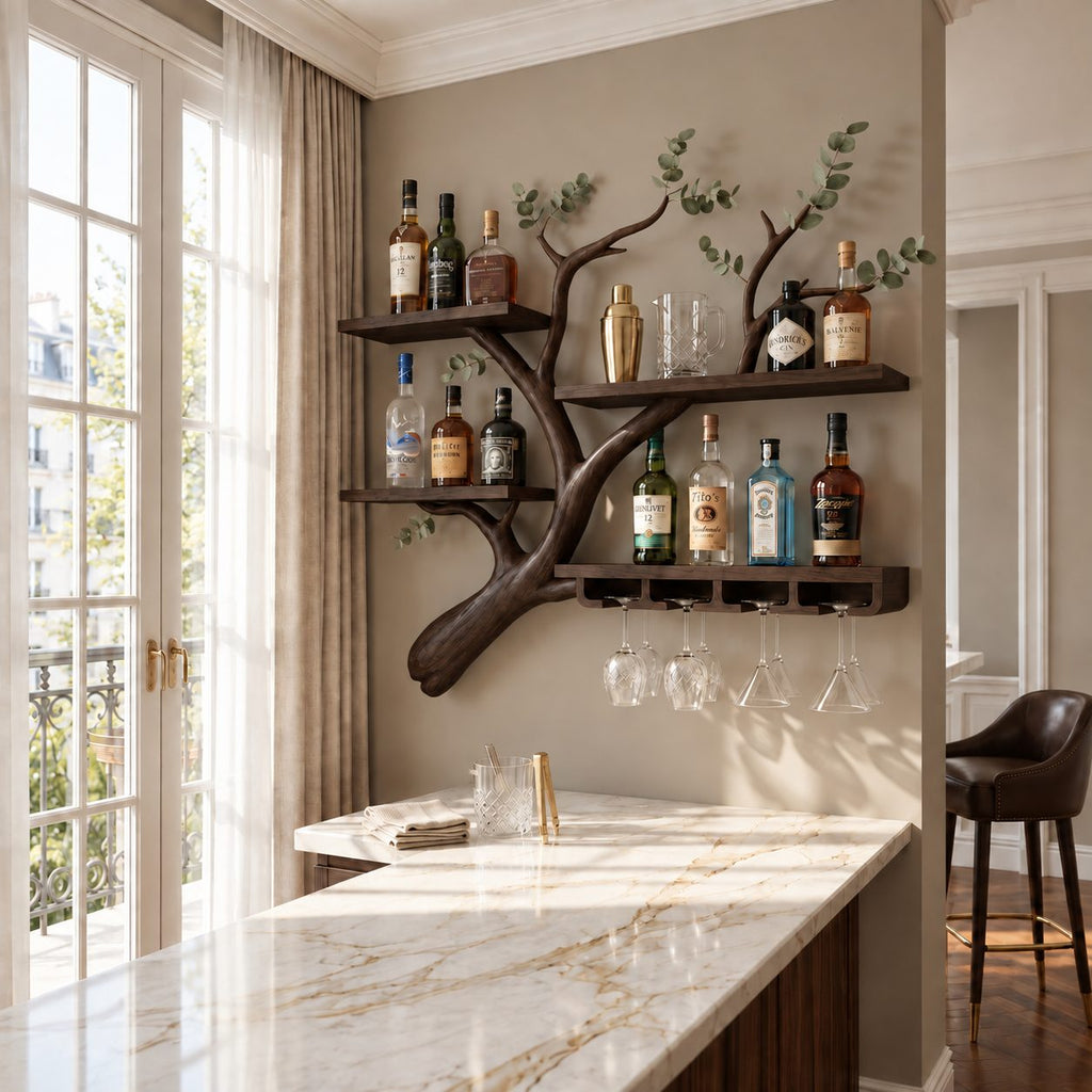 Curved Branch Wall Bar Shelf with Three Tier Shelves and Stemware Rack, Solid Wood Wine Rack for Kitchen