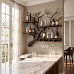 Curved Branch Wall Bar Shelf with Three Tier Shelves and Stemware Rack, Solid Wood Wine Rack for Kitchen