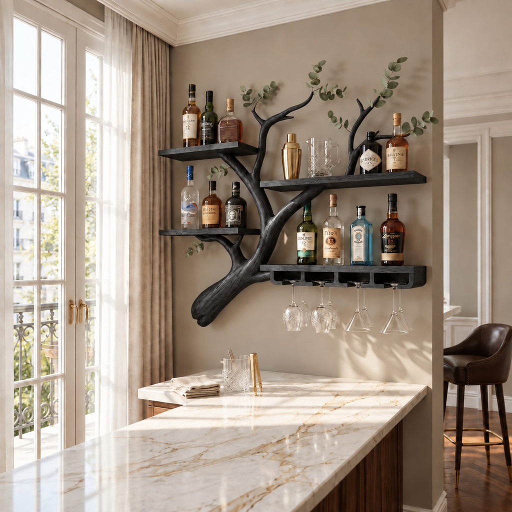 Curved Branch Wall Bar Shelf with Three Tier Shelves and Stemware Rack, Solid Wood Wine Rack for Kitchen