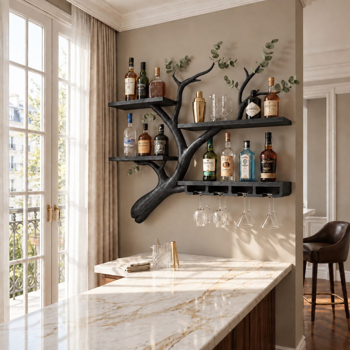 Curved Branch Wall Bar Shelf with Three Tier Shelves and Stemware Rack, Solid Wood Wine Rack for Kitchen