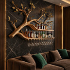 Sweeping Tree Branch Bar Shelf with Two Long Curved Shelves, Leaf Accents and Stemware Rack, Wall Wine Rack