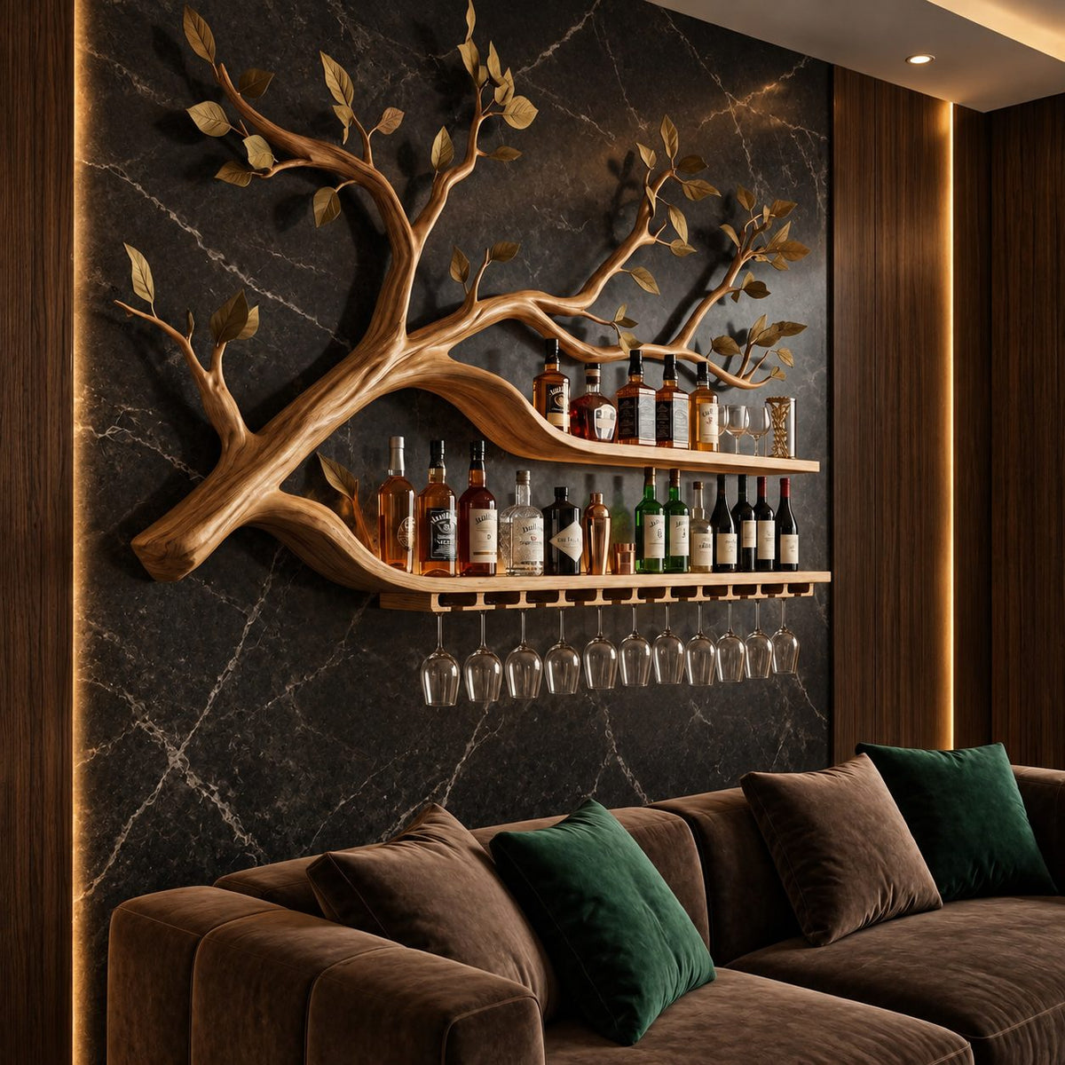 Sweeping Tree Branch Bar Shelf with Two Long Curved Shelves, Leaf Accents and Stemware Rack, Wall Wine Rack