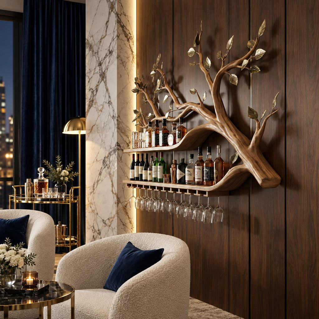 Sweeping Tree Branch Bar Shelf with Two Long Curved Shelves, Leaf Accents and Stemware Rack, Wall Wine Rack