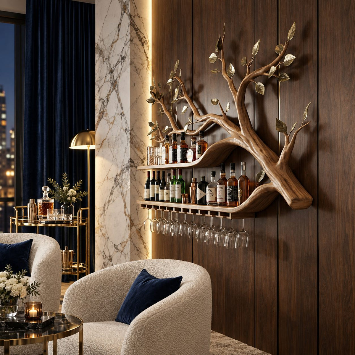 Sweeping Tree Branch Bar Shelf with Two Long Curved Shelves, Leaf Accents and Stemware Rack, Wall Wine Rack