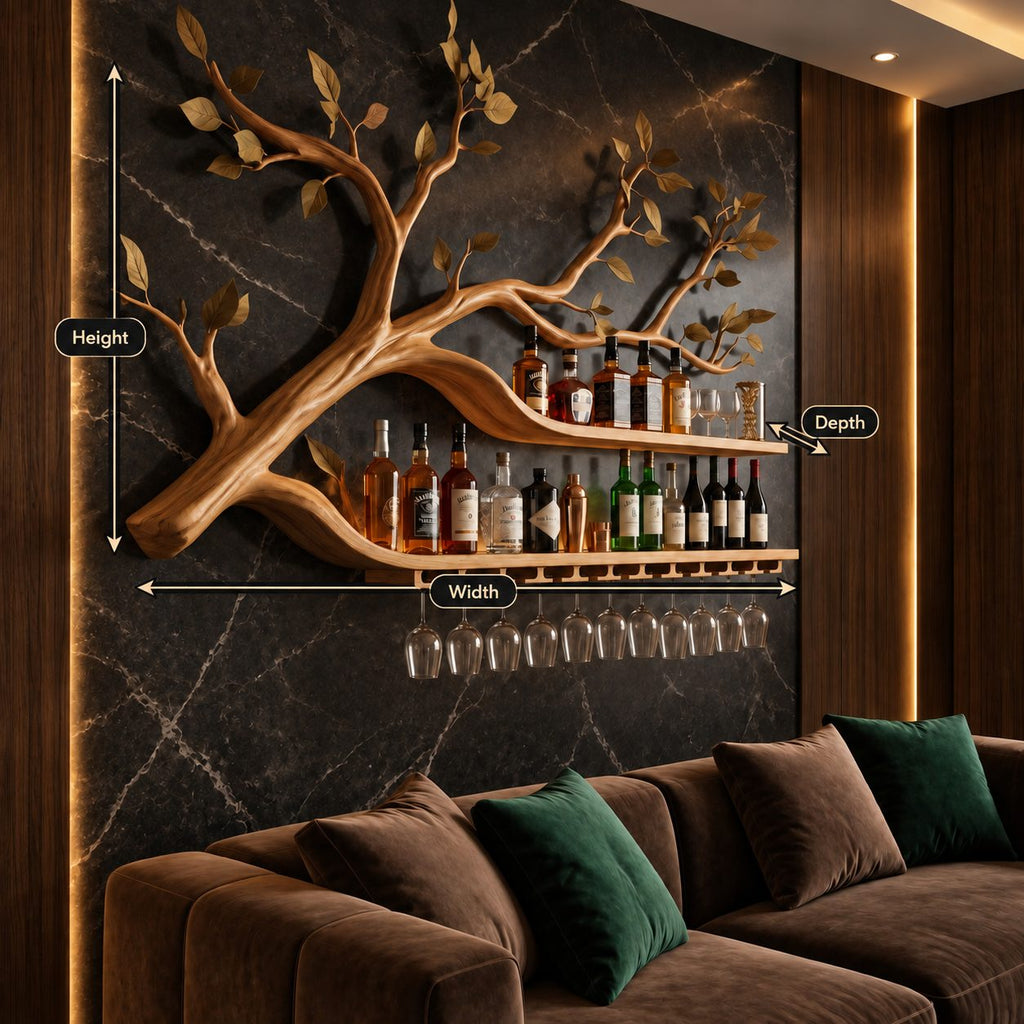 Sweeping Tree Branch Bar Shelf with Two Long Curved Shelves, Leaf Accents and Stemware Rack, Wall Wine Rack