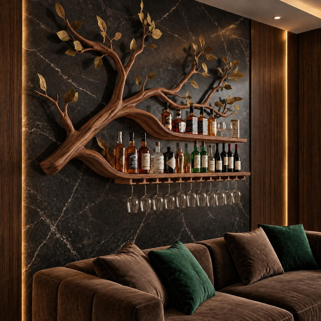 Sweeping Tree Branch Bar Shelf with Two Long Curved Shelves, Leaf Accents and Stemware Rack, Wall Wine Rack