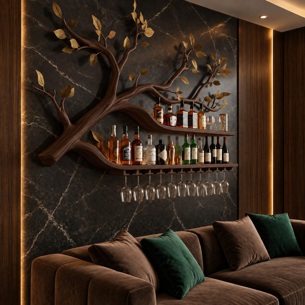Sweeping Tree Branch Bar Shelf with Two Long Curved Shelves, Leaf Accents and Stemware Rack, Wall Wine Rack