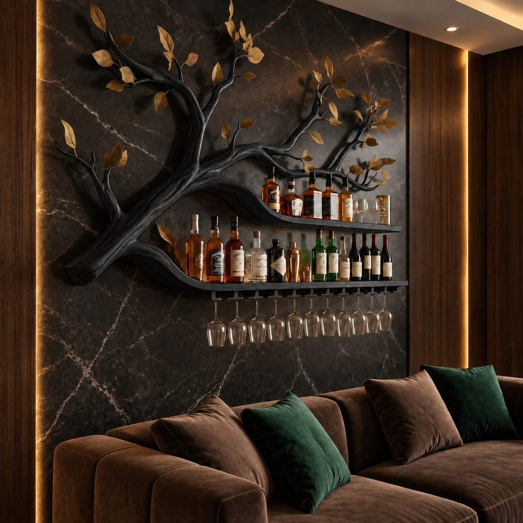 Sweeping Tree Branch Bar Shelf with Two Long Curved Shelves, Leaf Accents and Stemware Rack, Wall Wine Rack