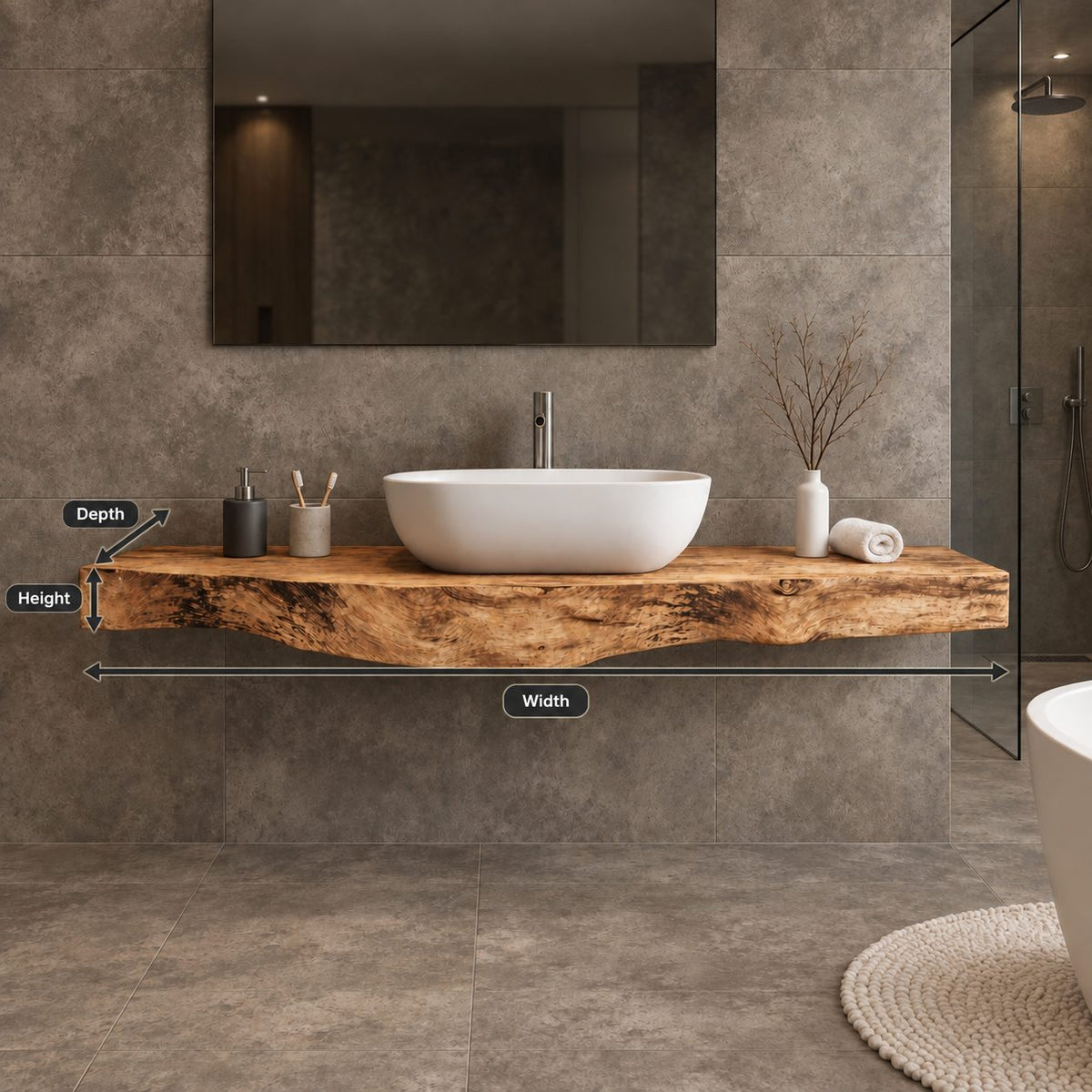 Wood Slab Bathroom Vanity Top 20-71 Inch, Floating Live Edge Counter with Wavy Underside