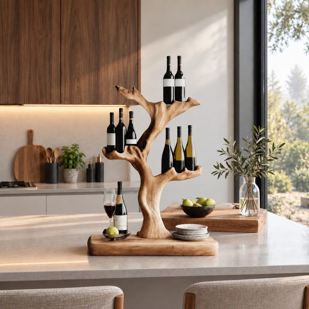 Tree Trunk Tabletop Wine Stand with Cupped Branch Bottle Holders on a Live Edge Base, Solid Wood Bar Decor