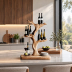 Tree Trunk Tabletop Wine Stand with Cupped Branch Bottle Holders on a Live Edge Base, Solid Wood Bar Decor