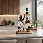Tree Trunk Tabletop Wine Stand with Cupped Branch Bottle Holders on a Live Edge Base, Solid Wood Bar Decor