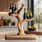Tree Trunk Tabletop Wine Stand with Cupped Branch Bottle Holders on a Live Edge Base, Solid Wood Bar Decor
