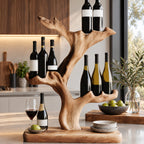 Tree Trunk Tabletop Wine Stand with Cupped Branch Bottle Holders on a Live Edge Base, Solid Wood Bar Decor