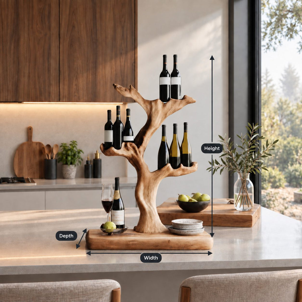 Tree Trunk Tabletop Wine Stand with Cupped Branch Bottle Holders on a Live Edge Base, Solid Wood Bar Decor