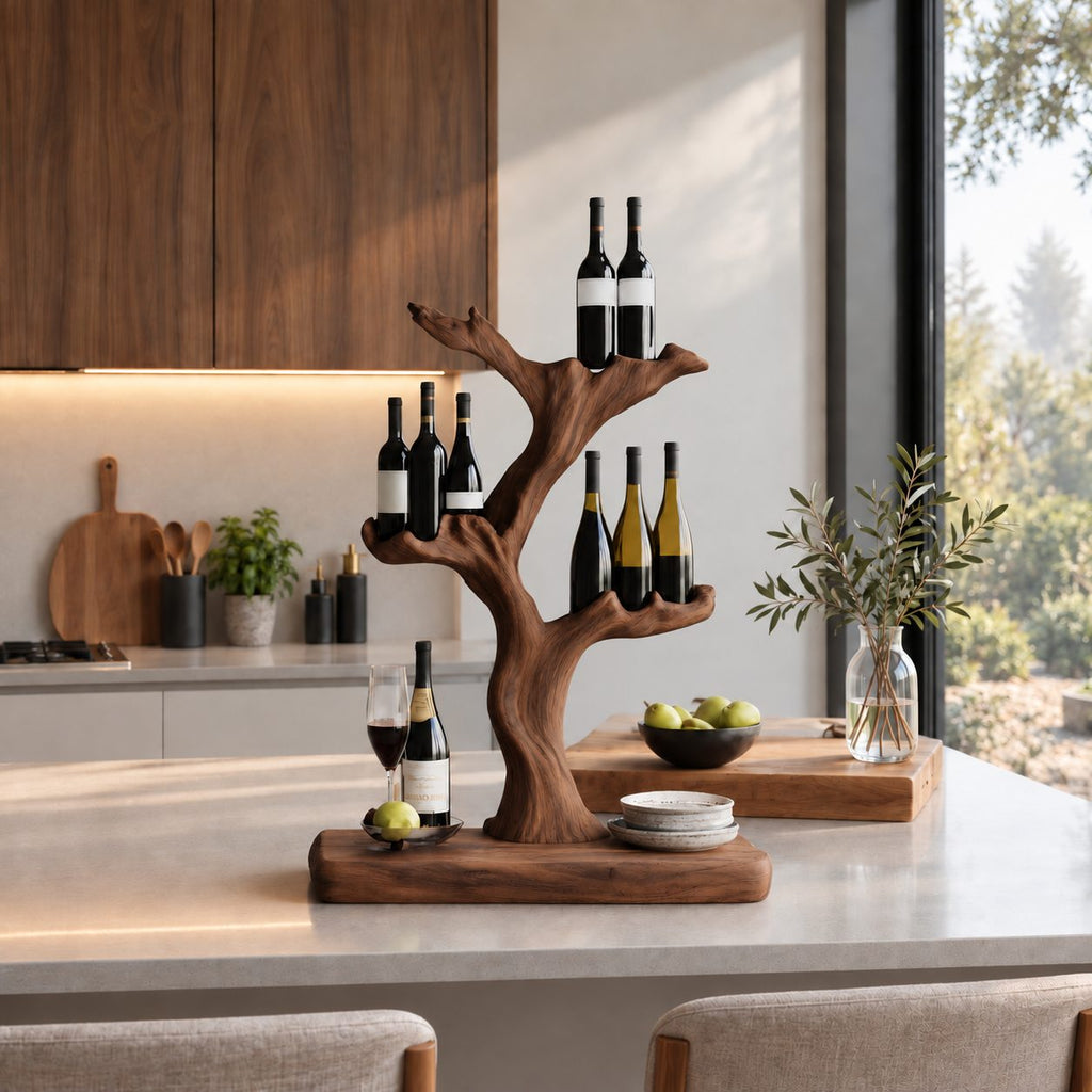 Tree Trunk Tabletop Wine Stand with Cupped Branch Bottle Holders on a Live Edge Base, Solid Wood Bar Decor