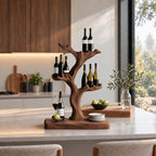 Tree Trunk Tabletop Wine Stand with Cupped Branch Bottle Holders on a Live Edge Base, Solid Wood Bar Decor