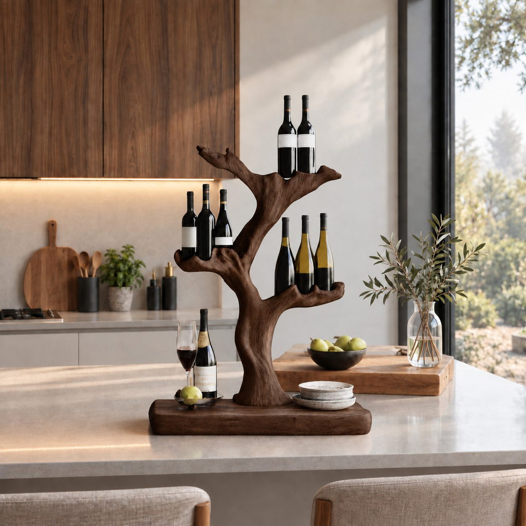 Tree Trunk Tabletop Wine Stand with Cupped Branch Bottle Holders on a Live Edge Base, Solid Wood Bar Decor