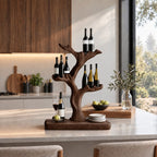 Tree Trunk Tabletop Wine Stand with Cupped Branch Bottle Holders on a Live Edge Base, Solid Wood Bar Decor
