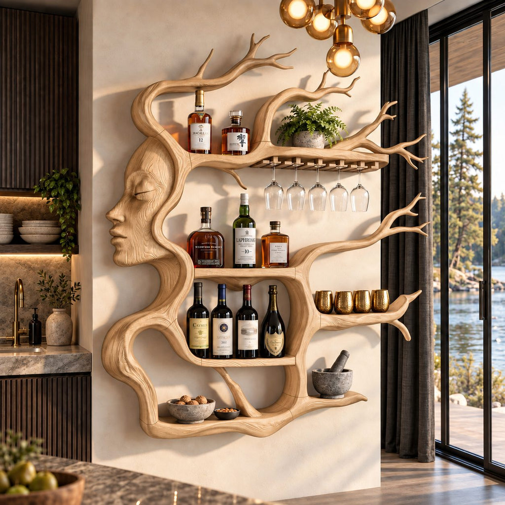 Face Profile Tree Wine Rack, Carved Woman Silhouette with Branch Shelves and Stemware Rail, Wall Mounted