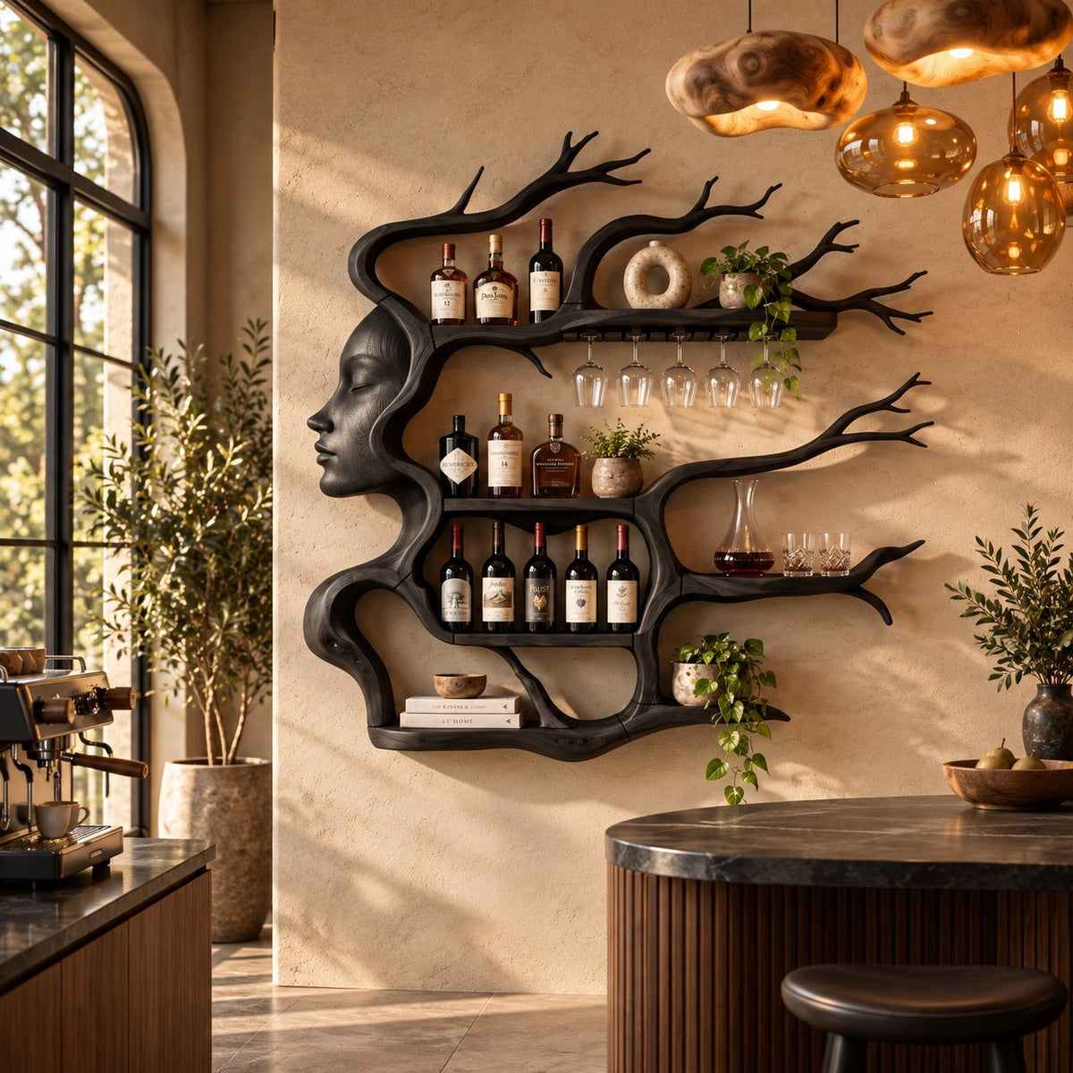 Face Profile Tree Wine Rack, Carved Woman Silhouette with Branch Shelves and Stemware Rail, Wall Mounted