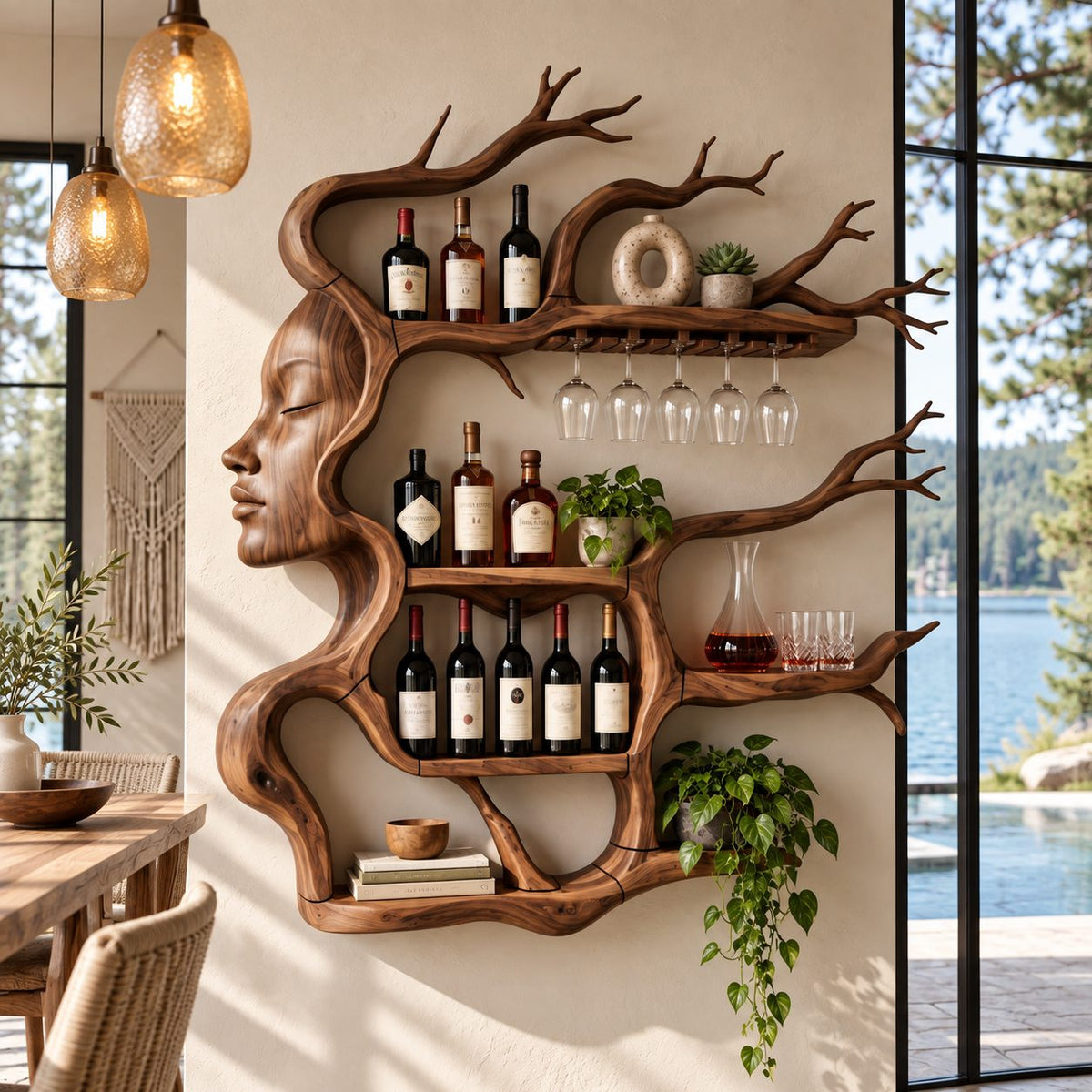 Face Profile Tree Wine Rack, Carved Woman Silhouette with Branch Shelves and Stemware Rail, Wall Mounted