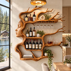 Face Profile Tree Wine Rack, Carved Woman Silhouette with Branch Shelves and Stemware Rail, Wall Mounted
