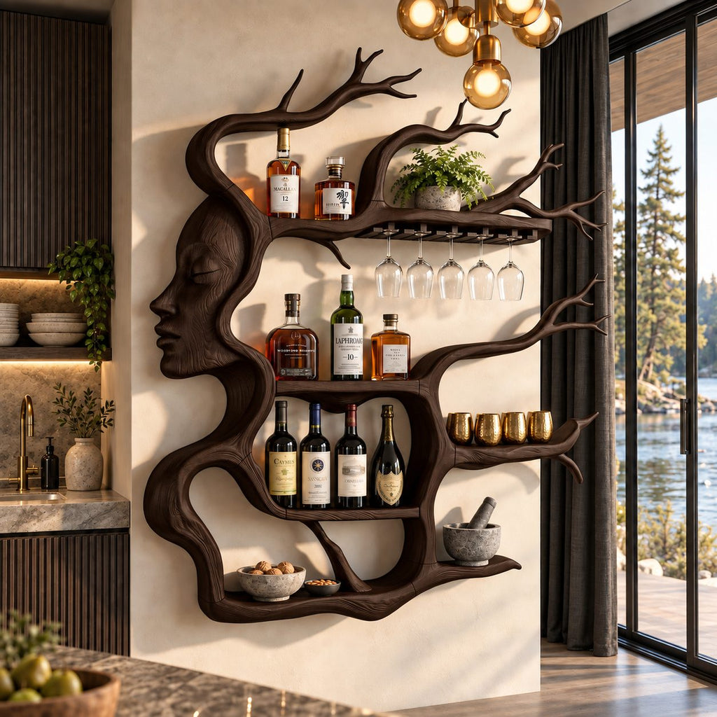 Face Profile Tree Wine Rack, Carved Woman Silhouette with Branch Shelves and Stemware Rail, Wall Mounted