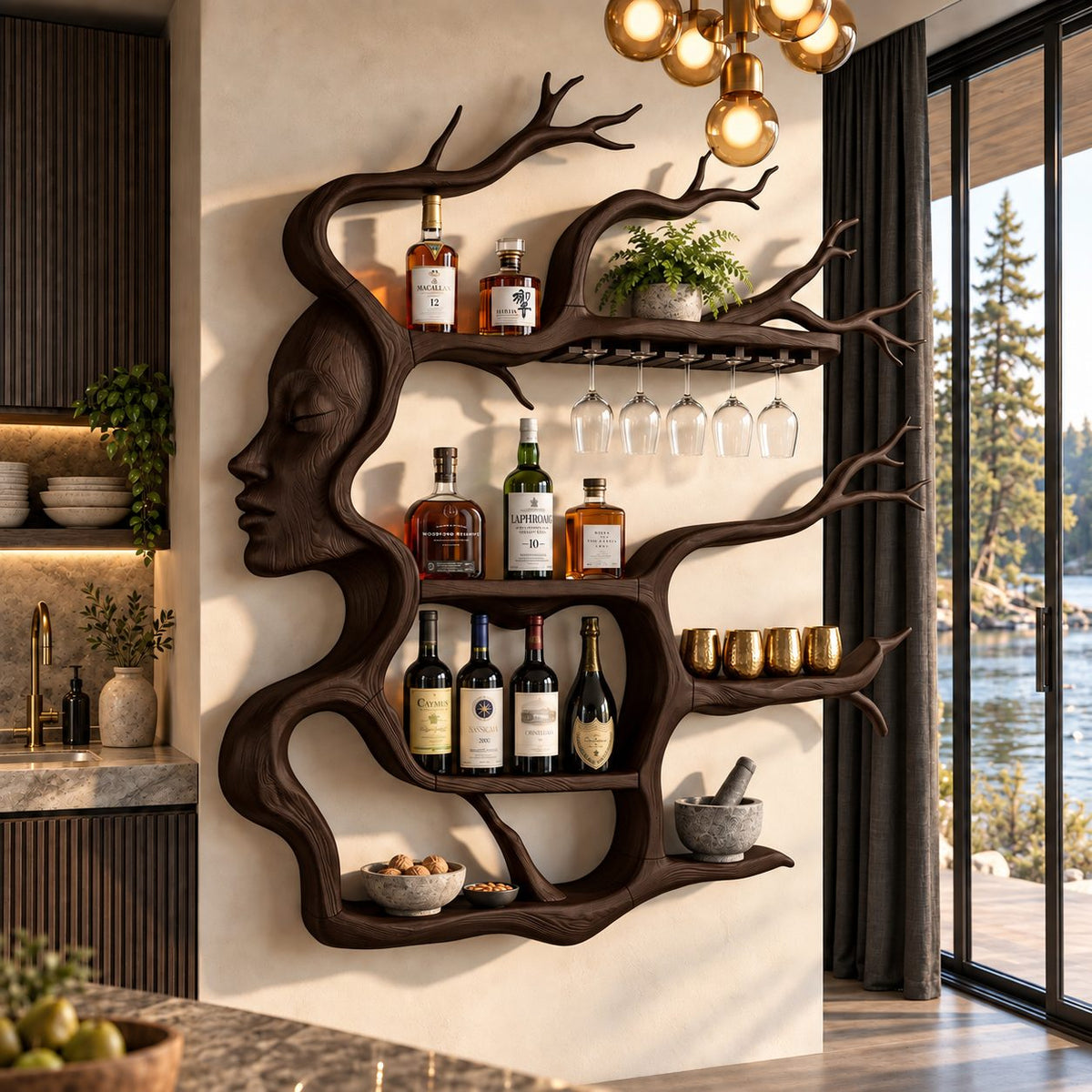 Face Profile Tree Wine Rack, Carved Woman Silhouette with Branch Shelves and Stemware Rail, Wall Mounted