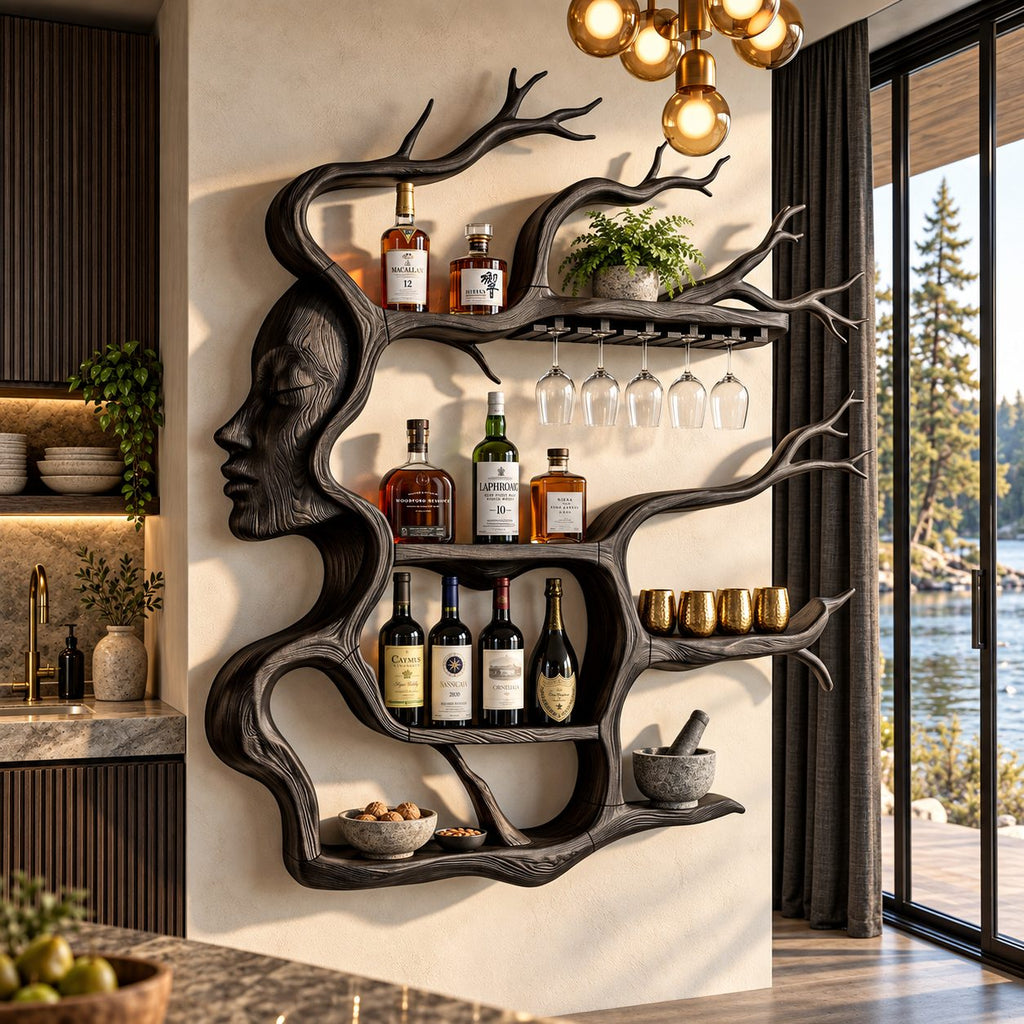 Face Profile Tree Wine Rack, Carved Woman Silhouette with Branch Shelves and Stemware Rail, Wall Mounted