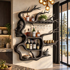 Face Profile Tree Wine Rack, Carved Woman Silhouette with Branch Shelves and Stemware Rail, Wall Mounted