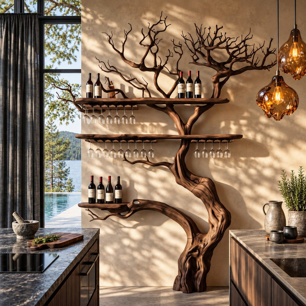 Giant Tree Trunk Wine Rack, Floor Standing with Three Bar Shelves and Stemware Rails, 84 to 90 Inch Tall