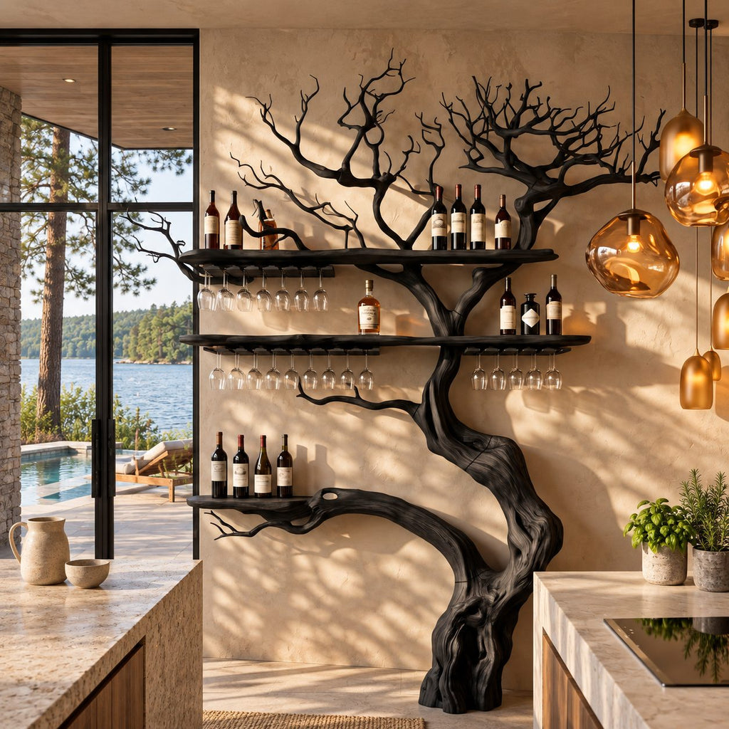 Giant Tree Trunk Wine Rack, Floor Standing with Three Bar Shelves and Stemware Rails, 84 to 90 Inch Tall