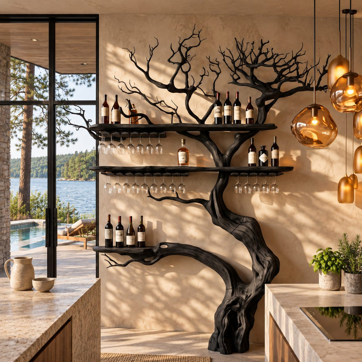 Giant Tree Trunk Wine Rack, Floor Standing with Three Bar Shelves and Stemware Rails, 84 to 90 Inch Tall