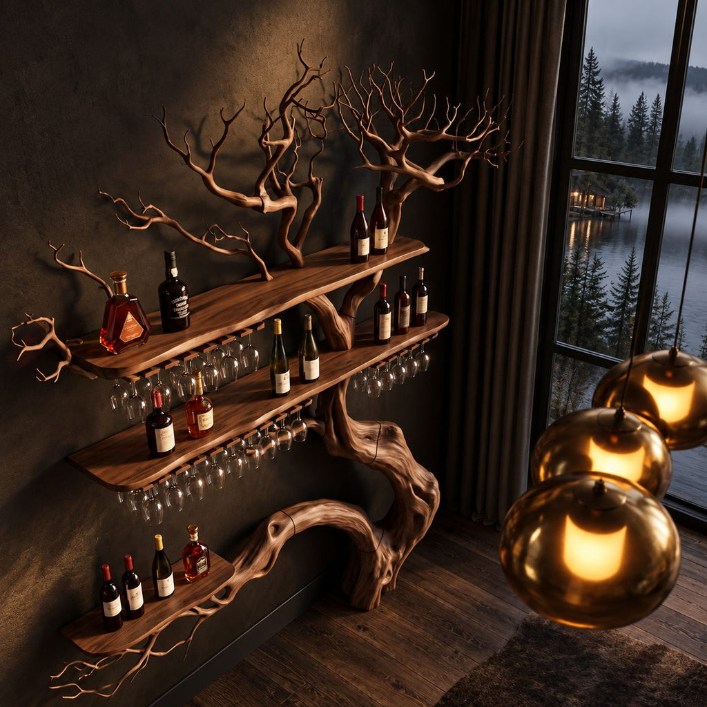 Giant Tree Trunk Wine Rack, Floor Standing with Three Bar Shelves and Stemware Rails, 84 to 90 Inch Tall