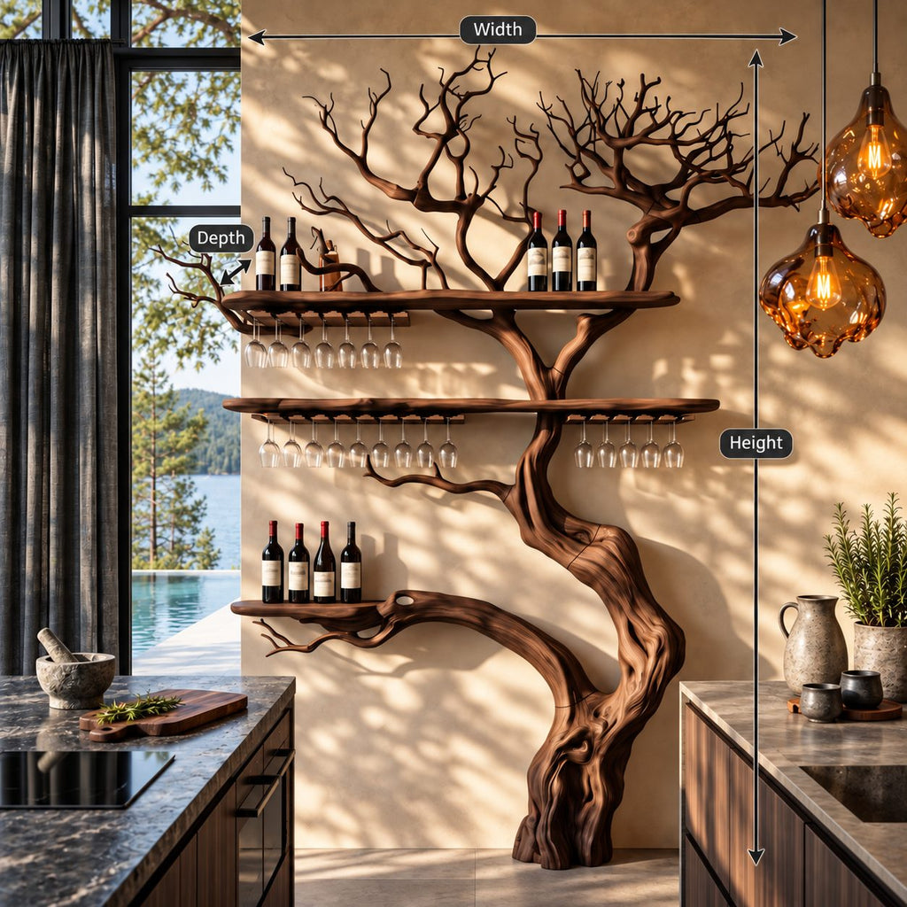 Giant Tree Trunk Wine Rack, Floor Standing with Three Bar Shelves and Stemware Rails, 84 to 90 Inch Tall