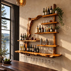 Arched Branch Frame Bar Shelf with Live Edge Posts, Staggered Bottle Shelves and Stemware Rail, Wall Mounted