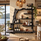 Arched Branch Frame Bar Shelf with Live Edge Posts, Staggered Bottle Shelves and Stemware Rail, Wall Mounted