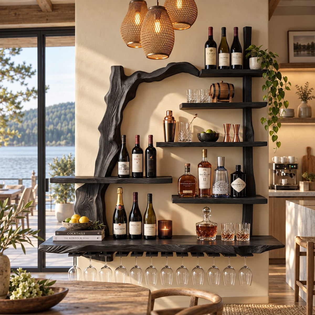 Arched Branch Frame Bar Shelf with Live Edge Posts, Staggered Bottle Shelves and Stemware Rail, Wall Mounted