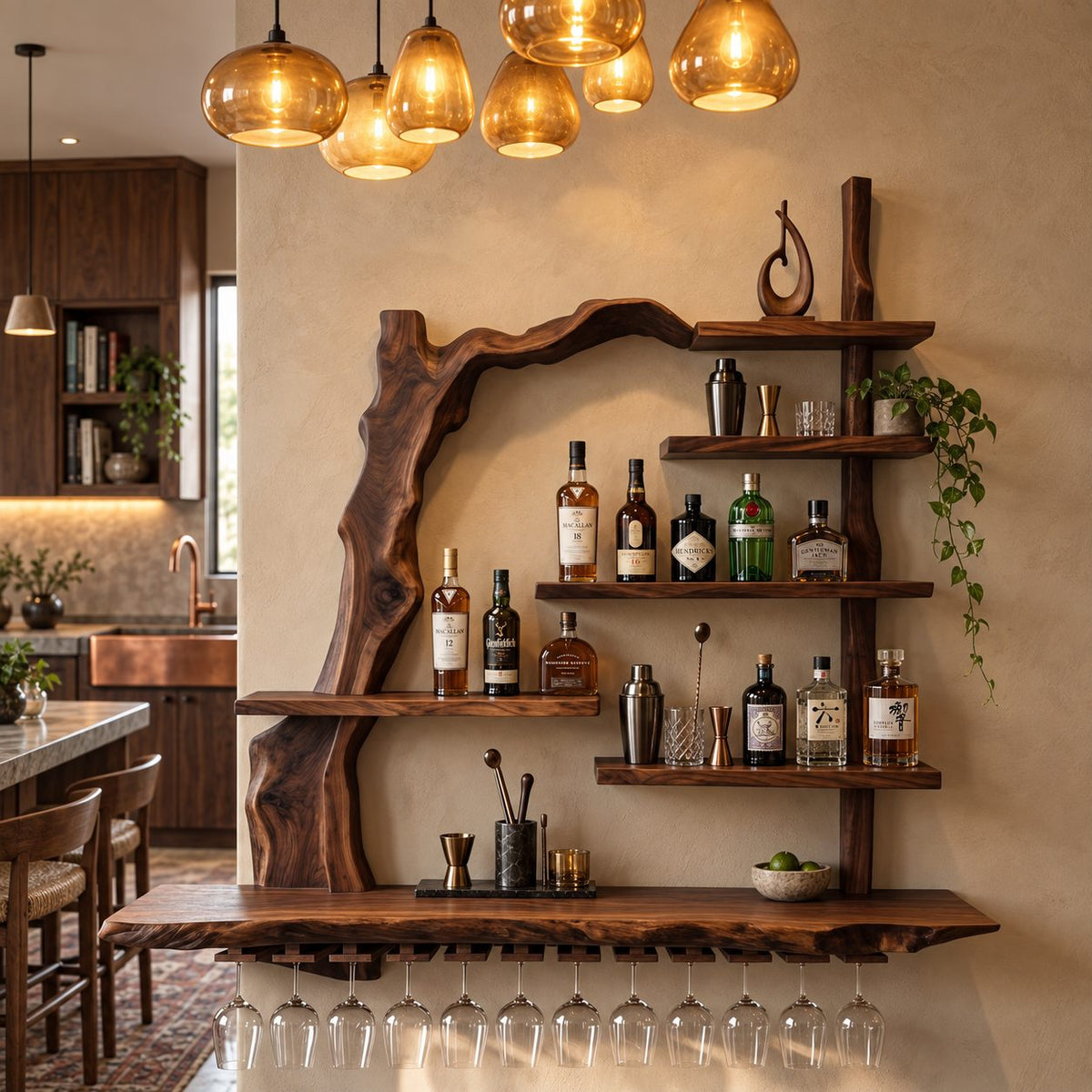 Arched Branch Frame Bar Shelf with Live Edge Posts, Staggered Bottle Shelves and Stemware Rail, Wall Mounted