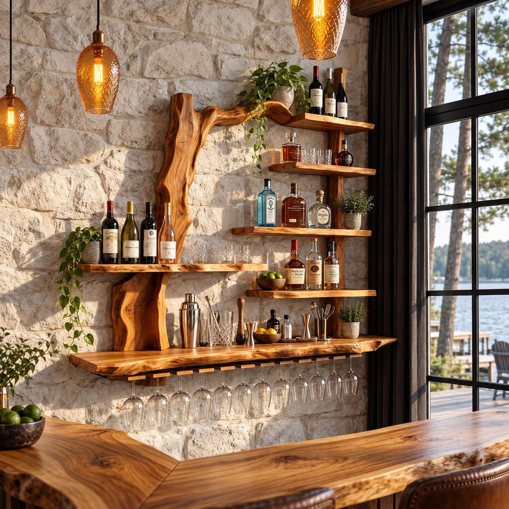Arched Branch Frame Bar Shelf with Live Edge Posts, Staggered Bottle Shelves and Stemware Rail, Wall Mounted