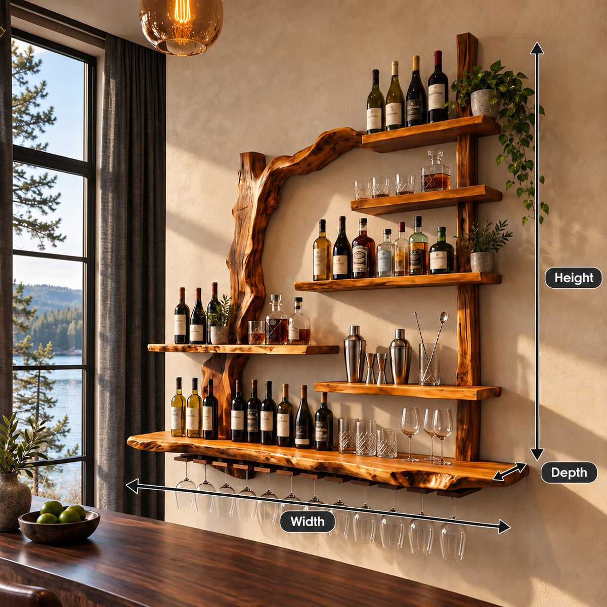 Arched Branch Frame Bar Shelf with Live Edge Posts, Staggered Bottle Shelves and Stemware Rail, Wall Mounted