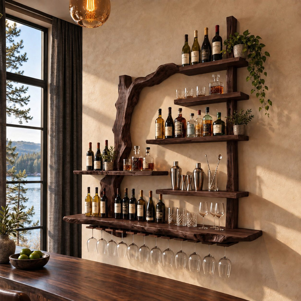 Arched Branch Frame Bar Shelf with Live Edge Posts, Staggered Bottle Shelves and Stemware Rail, Wall Mounted