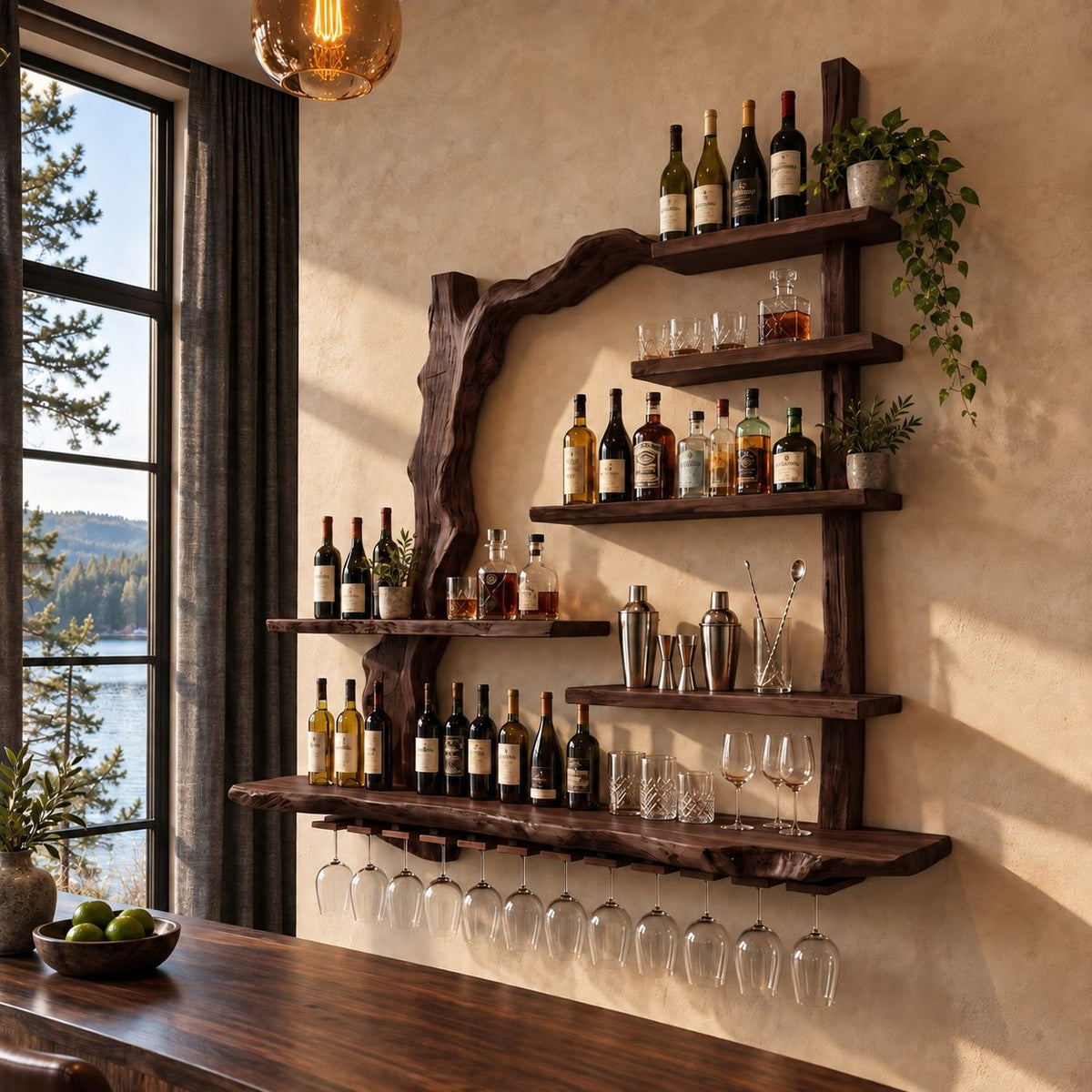 Arched Branch Frame Bar Shelf with Live Edge Posts, Staggered Bottle Shelves and Stemware Rail, Wall Mounted